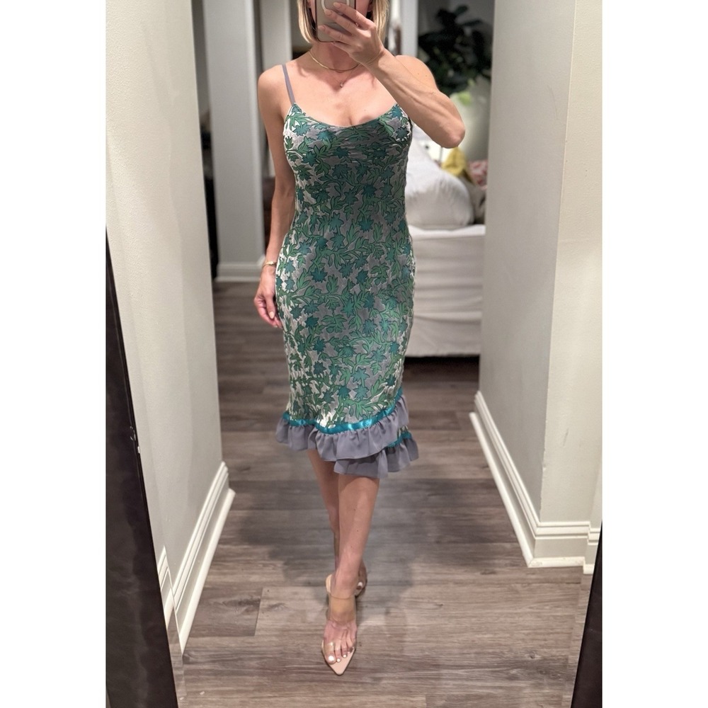 Vintage Y2K Betsey Johnson Green Gray Floral Dress Ruffle Slip Burnout Velvet M